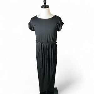 YIDARTON Black Short Sleeve Belted Maxi Dress Women's Size S Casual Wrap Style
